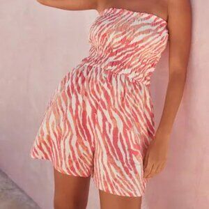 NEXT CORAL PINK ZEBRA BANDEAU SHIRRED PLAYSUIT - COTTON - SZ 16US